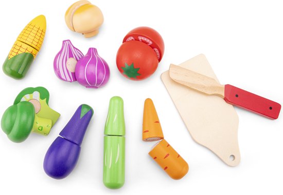 New Classic Toys® Houten Groentemandje Speelset - Snijbaar Groente in Mand met Snijplank - Educatief Speelgoedeten Snijset - Rollenspel Speelgoed - Vanaf 24 Maanden