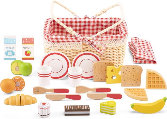 Woet® Houten Picknickmand Speelset - Compleet Picknick Rollenspel met 30+ Accessoires - Brood, Fruit, Drinken, Servies & Kleedje - Educatief Keukenspeelgoed - Vanaf 3 Jaar