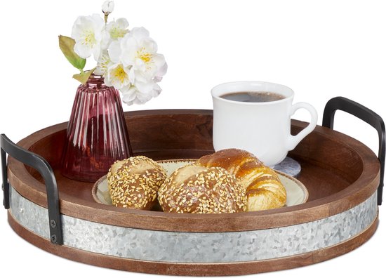 houten dienblad - rond - mangohout - 9 x 35 cm - met handgrepen - decoratief