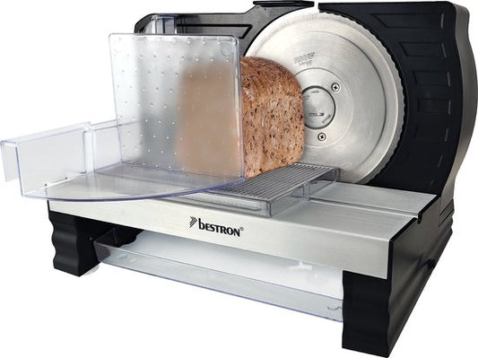 Bestron Broodsnijmachine, met RSG-rvs mes – Made in Germany, traploze snijdikte-instelling van 0-20 mm, universele broodsnijder met keuzeknop voor automatische en handmatige bediening, kleur: Zwart