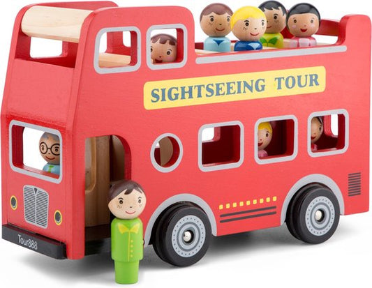New Classic Toys® Houten City Tour Bus - Dubbeldekker Bus met Chauffeur en 8 Passagiers - Speelgoedvoertuig met Poppetjes - Rollenspel Speelgoed - Vanaf 18 Maanden