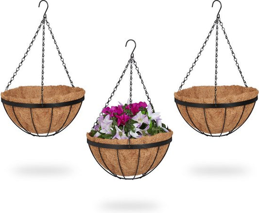 hanging basket - set van 3 hangende plantenmanden - 31 cm - kokos - metalen frame