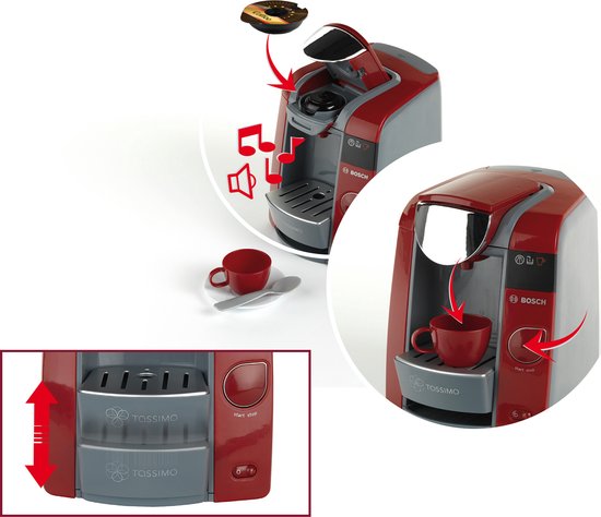 Klein Toys Bosch Tassimo koffiemachine - 20x16x20 cm - espressoset en 2 koffiepads - incl. waterreservoir en geluidseffecten - rood grijs