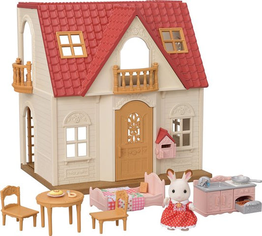 Sylvanian Families 5567 Startershuis- inclusief meubeltjes en 1 fluweelzacht chocoladekonijn- te combineren met ander poppenhuis ( 5708) tot een mega groot poppenhuis