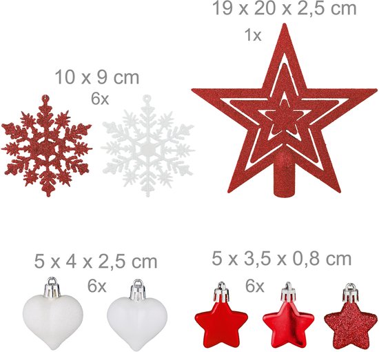 kerstballen - set van 101 - plastic - onbreekbaar - kerstpiek ster - rood/wit