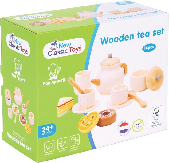 New Classic Toys® Houten Theeservies Crème - 14-delige Theeset met Theepot, Kopjes en Gebakjes - FSC - Rollenspel Servies Speelgoed - Vanaf 24 Maanden