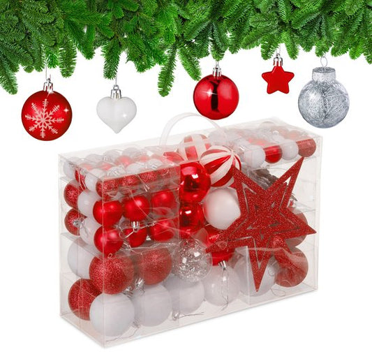 kerstballen - set van 101 - plastic - onbreekbaar - kerstpiek ster - rood/wit