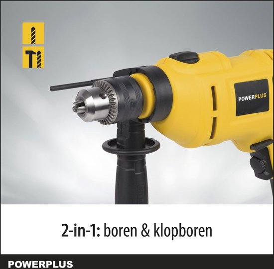 Powerplus Elektrische klopboormachine POWX0260 - 2 in 1: boren en hamerboren, 650 W boormachine, 28.65 Nm, Links en rechts schroeven