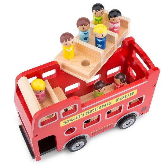 New Classic Toys® Houten City Tour Bus - Dubbeldekker Bus met Chauffeur en 8 Passagiers - Speelgoedvoertuig met Poppetjes - Rollenspel Speelgoed - Vanaf 18 Maanden