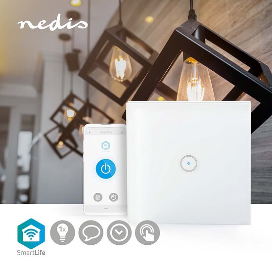 Nedis SmartLife Wandschakelaar - Enkel - Muurmontage - 1000 W - Android / IOS - Glas - Wit