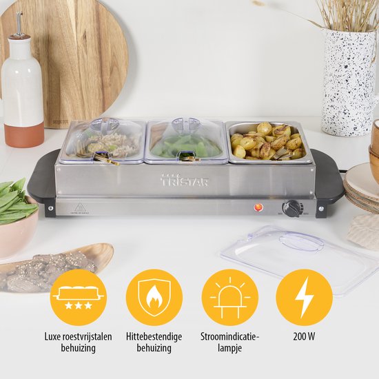 Tristar BP-6283 - Buffetwarmer 200W - Chafing dish - 3 x 1,4 Liter - Incl deksel - RVS