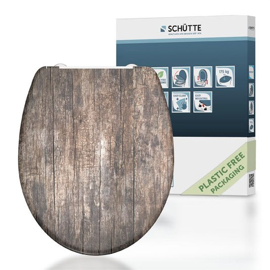 SCHÜTTE WC-Bril 82368 OLD WOOD - Duroplast - Soft Close - Afklikbaar - RVS-Scharnieren - Belastbaar tot 175 kg - Decor - 3-zijdige Print