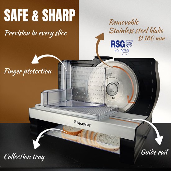 Bestron Broodsnijmachine, met RSG-rvs mes – Made in Germany, traploze snijdikte-instelling van 0-20 mm, universele broodsnijder met keuzeknop voor automatische en handmatige bediening, kleur: Zwart