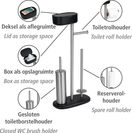 WENKO Toiletbutler Rivazza RVS zwart - Toiletborstel met houder, Toiletrolhouder, Reserverolhouder en Opbergbox