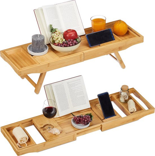 2-in-1 badrekje & dienblad met boekensteun, wijnglashouder en uitschuifbaar badkuiprekje - 745-114 cm natuur