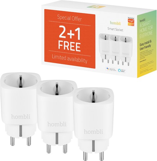 Hombli Slimme Stekker - Smart Plug met App Bediening - Wifi Stopcontact - Tijdschakelaar voor binnen - Energiemeter - Compitabel met Amazon Alexa en Google Home - 3 stuks - Wit