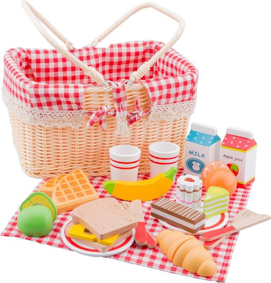 Woet® Houten Picknickmand Speelset - Compleet Picknick Rollenspel met 30+ Accessoires - Brood, Fruit, Drinken, Servies & Kleedje - Educatief Keukenspeelgoed - Vanaf 3 Jaar