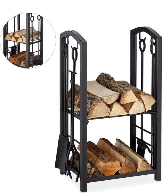 brandhoutrek met haardstel - 2 planken - staal - 4-delig - schep - bezem - tang - pook