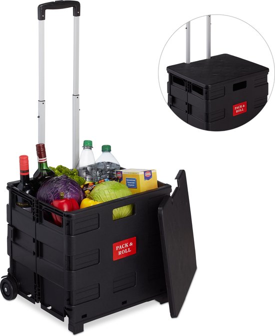 boodschappentrolley - opvouwbaar - telescoopsteel & deksel - krat op wielen - tot 35 kg - 99 x 45 x 38 cm - zwart