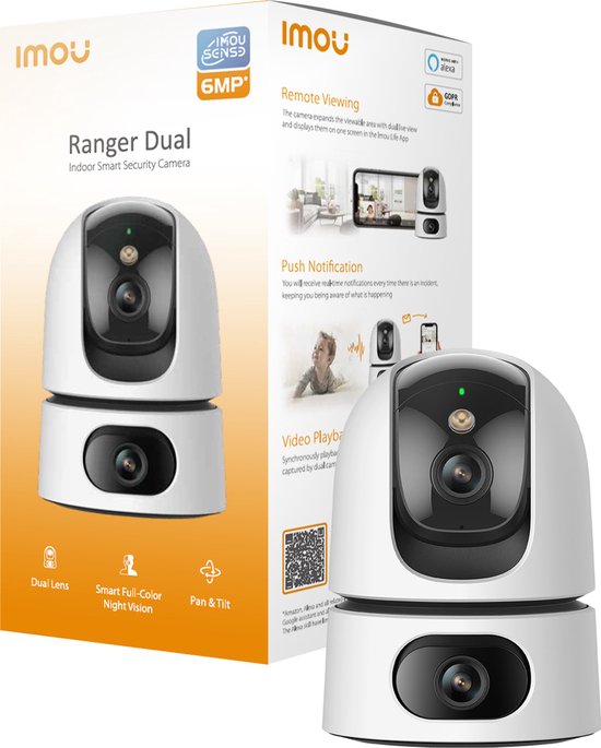 Imou Ranger Dual 10MP - Beveiligingscamera - Wit - Beveiligingscamera Binnen - Camera Met Dubbele Lens 2x 5MP - Slim Kleurennachtzicht - 360° Dekking Door Verstelbare Dubbele Lens - Persoons- En Huisdierendetectie - Abnormale Geluidsdetectie