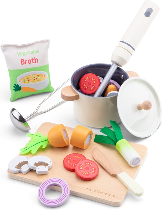 Woet® Houten Speelgoed Soep Set - 'Maak je eigen soep' Speelgoedset - FSC - Inclusief Groenten, Snijpank, Pan & Pollepel - Speelgoedeten - Rollenspel Keukenset - Vanaf 2 Jaar