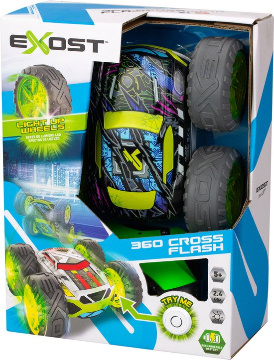 Exost RC 360 Cross Flash Stuntauto groen 1:18 - Flashing wheels - Incl. oplaadbare batterij - RC auto