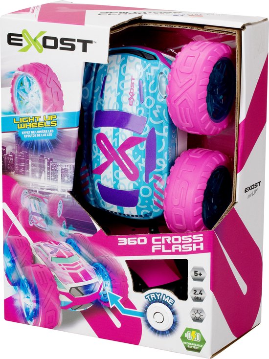 Exost RC 360 Cross Flash Stuntauto roze 1:18 - Flashing wheels - Incl. oplaadbare batterij - RC auto