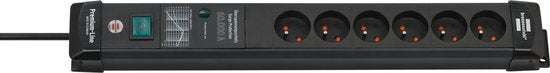 Premium-Line 60.000A stekkerdoos met overspanningsbeveiliging 6-voudig zwart 3m H05VV-F 3G1,5 *BE*