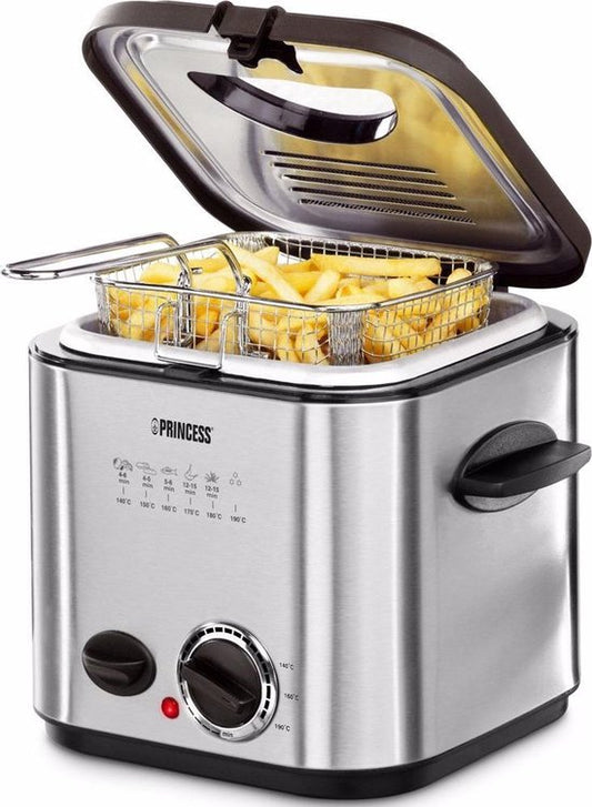 Princess Mini Friteuse en Fondue 182611 – 1.2 liter - Regelbare thermostaat – Geurfilter - Kijkvenster - Compact - 6 fonduevorken - Geschikt voor camping - 840W - geborsteld RVS