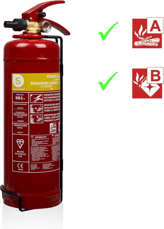 Smartwares 10.014.97 - Brandblusser Schuim 2L - Incl ophangbeugel - Brandklasse AB - BSI Gecertificeerd