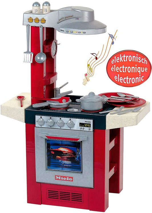 Klein Toys Miele Petit Gourmet keuken - 69x33x95 cm - oven, vaatwasser, afzuigkap, spoelbak, kook- en eetgerei - incl. geluidseffecten - rood grijs
