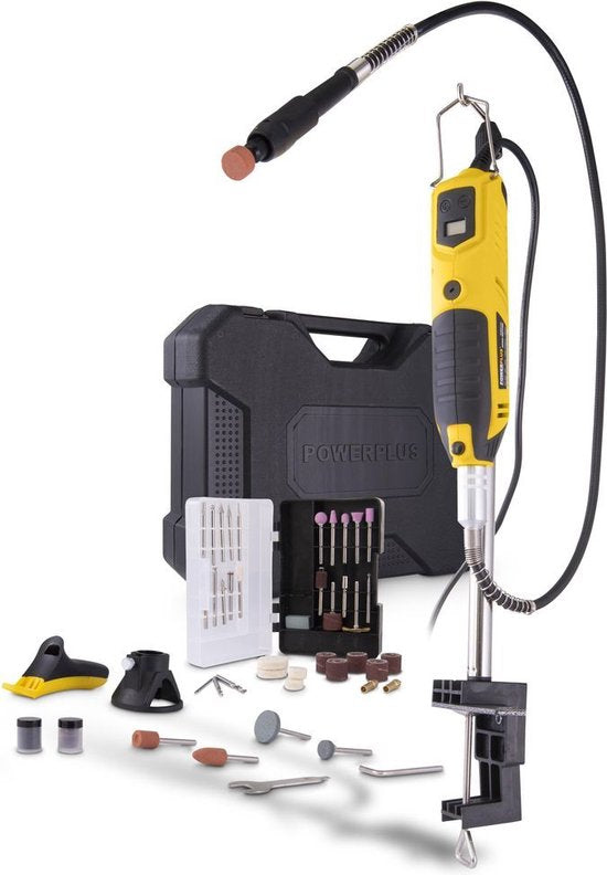 Powerplus POWX1341 Roterende multitool - Multifunctioneel gereedschap - 200W - Roterend - Variabele snelheid - Digitale display - Incl. statief, flexibele as, 2 opzetstukken, 126 accessoires en gereedschapskoffer