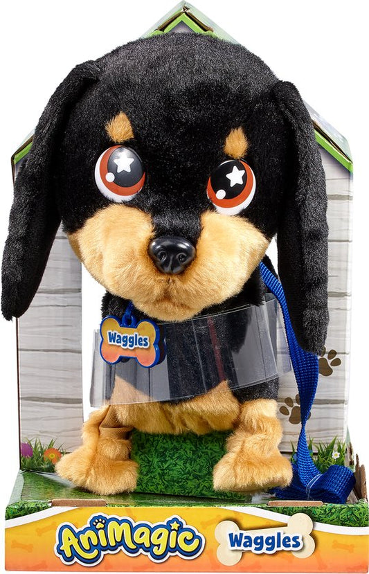 Animagic Waggles Knuffel Hond - Zwart - Interactieve Knuffel - Wandel en communiceer met Waggles