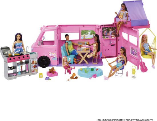 Barbie Droomcamper - Speelset met daktent, barbecue en meer dan 60 accessoire
