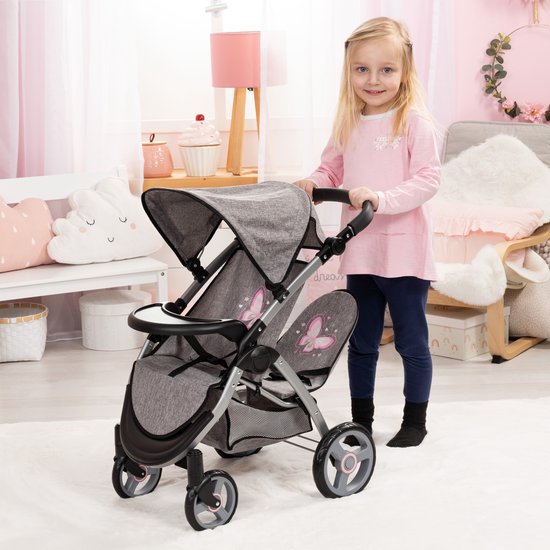 Bayer Design Tweeling poppenwagen Twin Xeo, dubbele poppenwagen, verstelbare duwstang, tas in jeans-grijs, roze