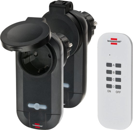 Brennenstuhl Draadloze Schakelaarset RC CE1 0201, 2 draadloze Stopcontacten (buiten IP44, met handzender en hogere contactberscherming) zwart