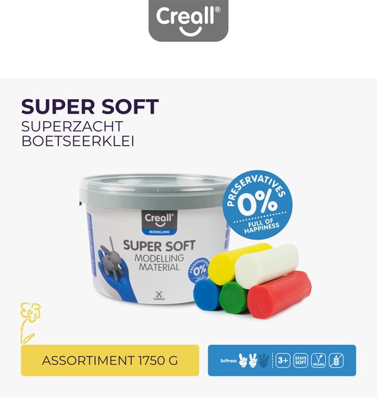 Creall Super soft boetseerklei - set 5 kleuren - hersluitbare emmer - 1750 gram - assortiment - glutenvrij - gemaakt in Nederland
