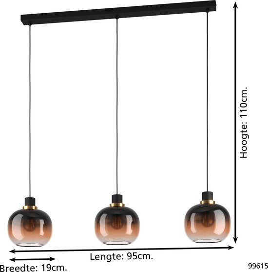EGLO Oilella Hanglamp - E27 - 95 cm - Amber glas - Zwart/Geelkoper