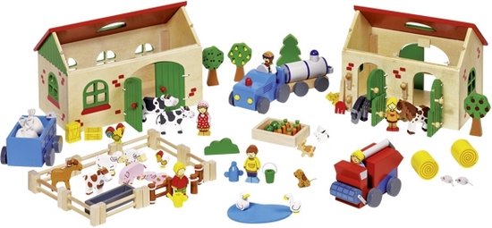 GOKI Poppenhuis - Mijn Boerderij - 20X13X14,5Cm - 71 Delen - Hout