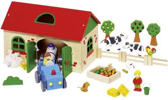 GOKI Poppenhuis - Mijn Boerderij - 20X13X14,5Cm - 71 Delen - Hout