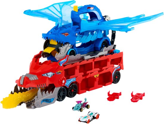Hot Wheels City - Ultieme Dubbele Draak Transportvoertuig en 2 speelgoedauto's