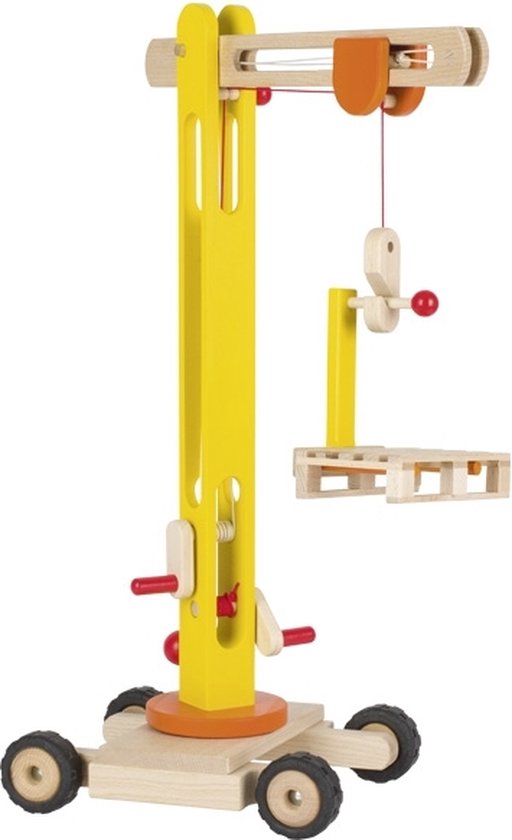 Houten voertuig: MOBIELE KRAAN 48x23x64cm, met rubberen banden, 3+