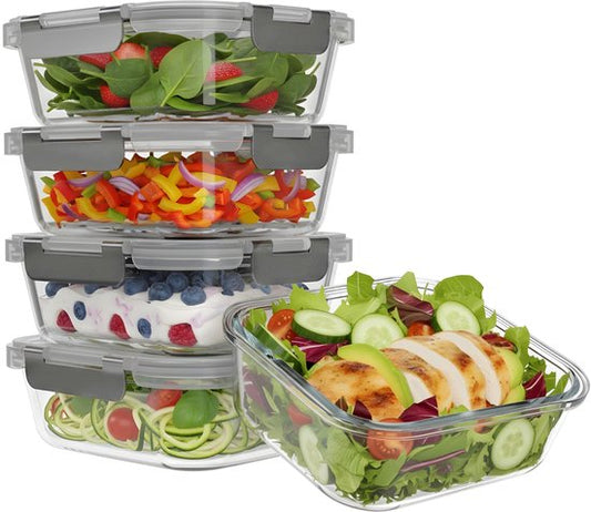 KitchenBrothers Meal Prep Bakjes - Glazen Vershoudbakjes - Luchtdicht - BPA en PFAS Vrij - 1L - Glas - 5 Stuks