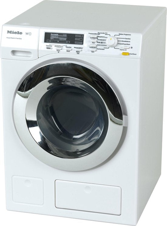 Klein Toys Miele wasmachine - 18,5x26x18 cm - incl. roterende trommel, watertoevoer, waterafvoer en geluidseffecten - wit