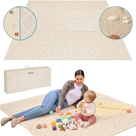 Lionelo Zora Speelmat Baby – Premium Foam Speelkleed 180×200×1.5 cm – Dikke Dubbelzijdige Kruipmat Antislip – Boho Beige Speeltapijt voor Woonkamer & Kinderkamer – Opvouwbaar + Opbergtas