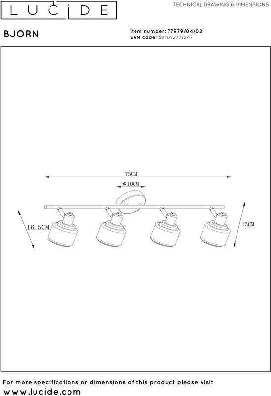 Lucide BJORN - Plafondspot (Plafondlamp) - 4xE14 - Mat Goud / Messing
