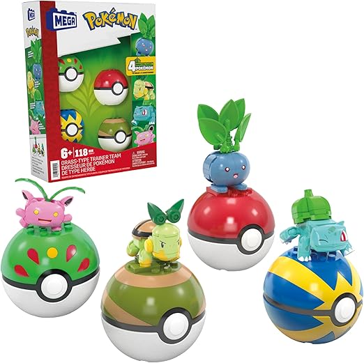 MEGA Pokémon, bouwspeelgoed met actiefiguren, Grasaanval Trainerteam met 118 onderdelen, beweegbare Bulbasaur, Turtwig, Hoppip en Oddish