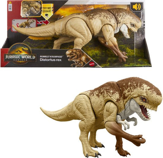 Mattel Jurassic World Rebirth Distortus Rex actiefiguur, 56 cm Rumble N Rampage dinosaurus speelgoed, 2 aanvallen JGB58