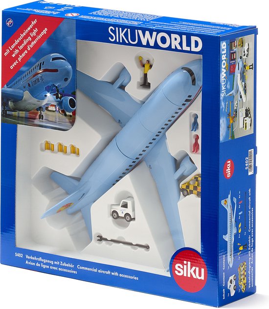 SIKU 5402, Passagiersvliegtuig met accessoires, kunststof, incl. siku "Follow me"-voertuig (metaal/kunststof), lichtblauw, vele functies
