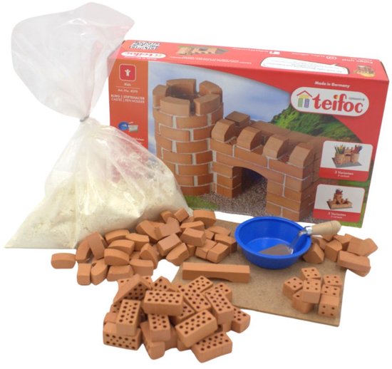 Teifoc® Bouwdoos – Klein Kasteel – 100 Onderdelen – Echte mini Bakstenen met Cement, Kom en Troffel – Bouwpakket voor kinderen vanaf 6 jaar